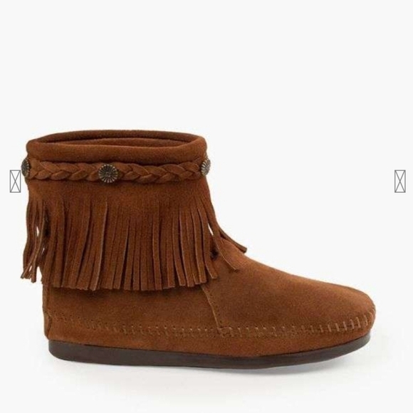 VGUC Minnetonka High Top Back Zip Boots Fringed Moccasins Brown Women 7 - Picture 1 of 10